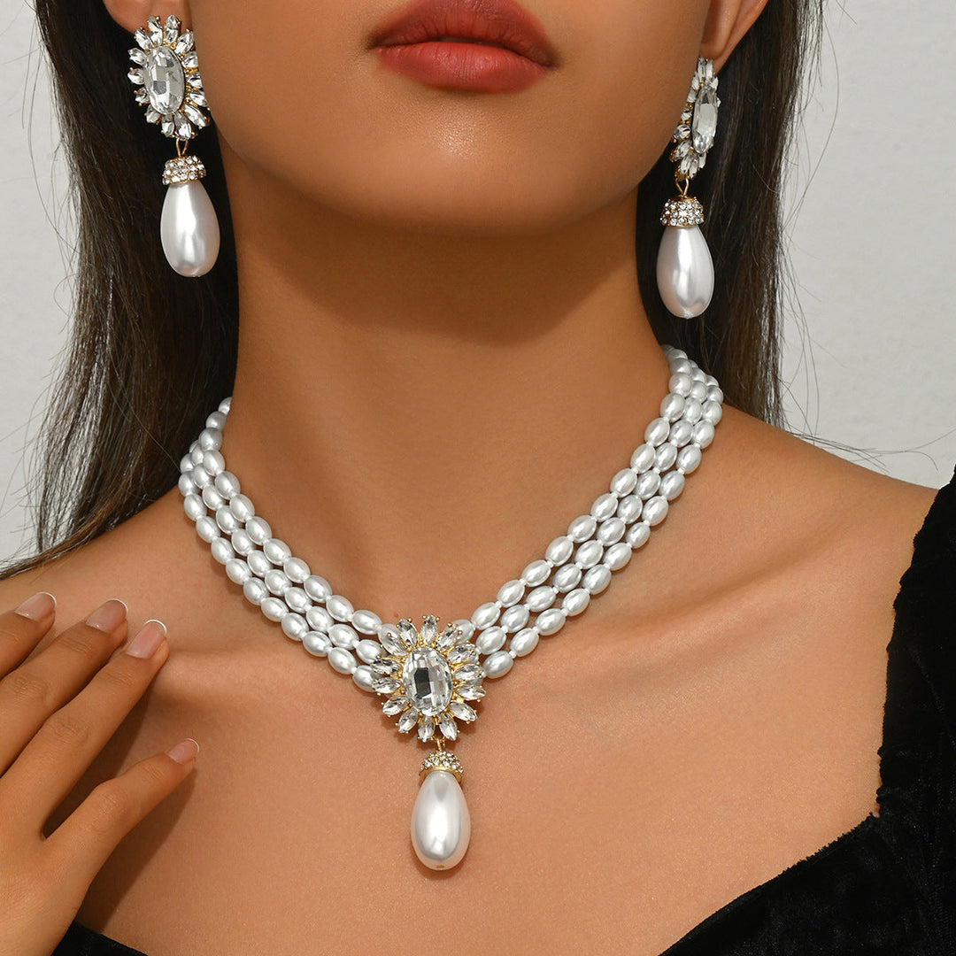 Geometric Light Luxury European American Women Jewelry Set, Niche Crystal Inlaid Multi-Layer Clavicle Chain Pearl Necklace & Matching Earrings