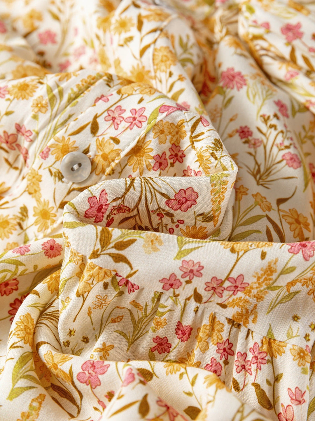 Floral Print Frilly Trim Smocked Cuff Long Sleeve Loose Shirt Dress