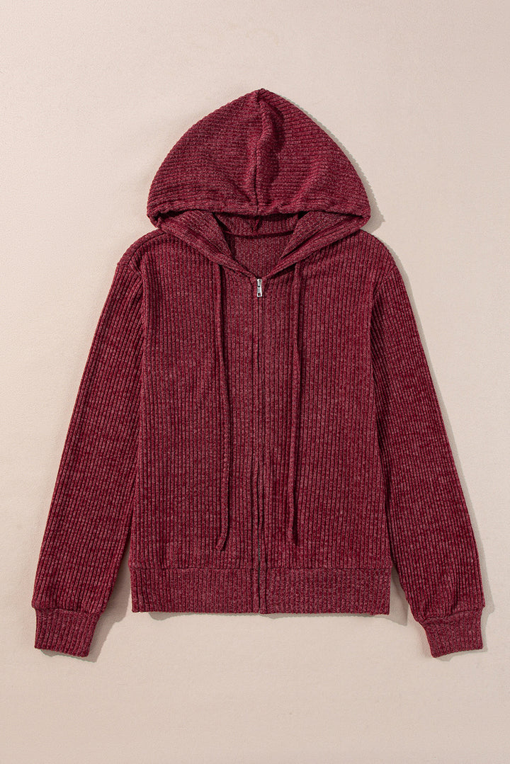 Red Dahlia Ribbed Zip Up Front Drawstring Hoodie
