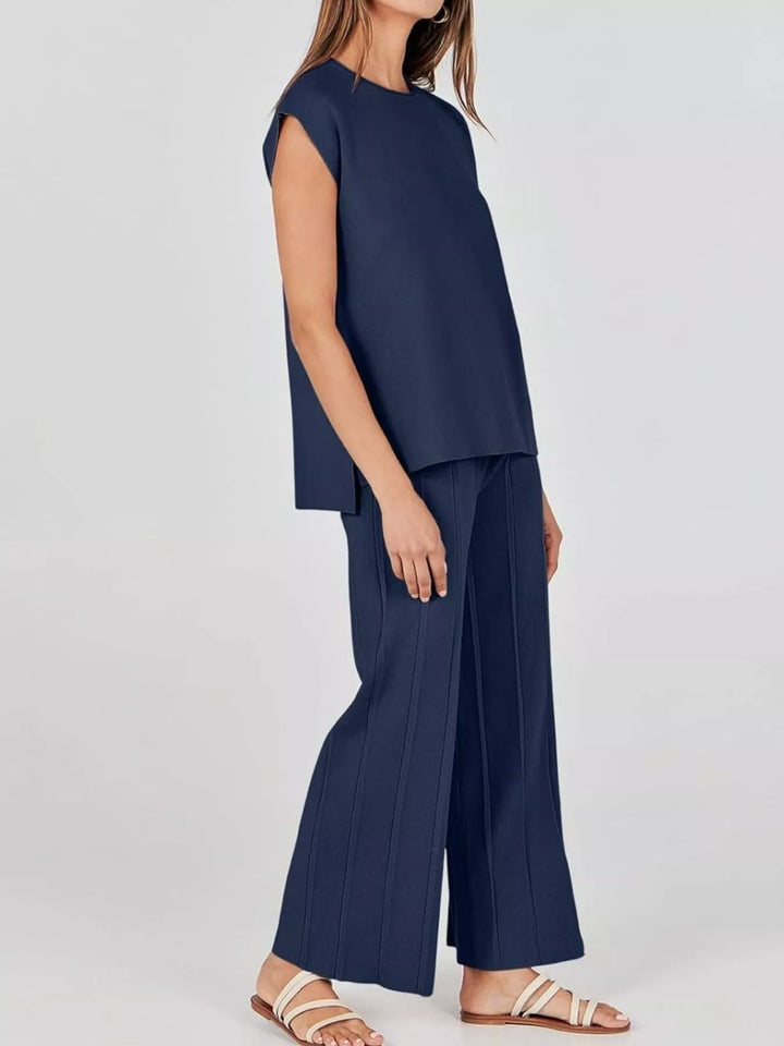 Casual Solid Color Cap Sleeve Top and Pants Knit Set