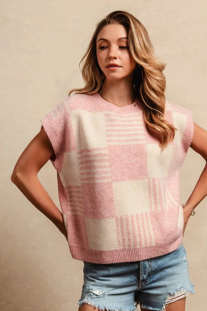 BiBi Checker With Stripes Pattern Sleeveless Sweater