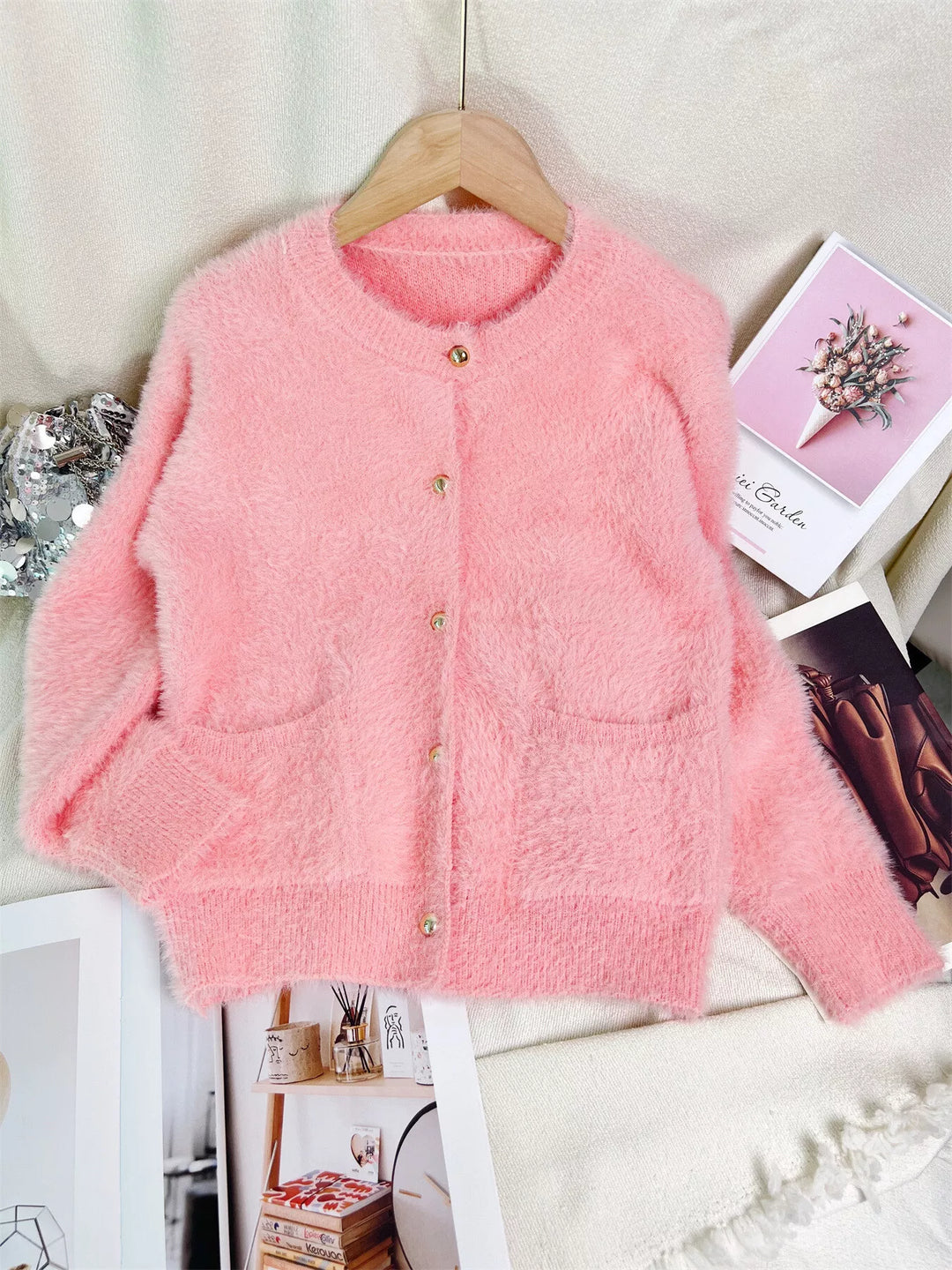 Fluffy Knit Button Up Cardigan