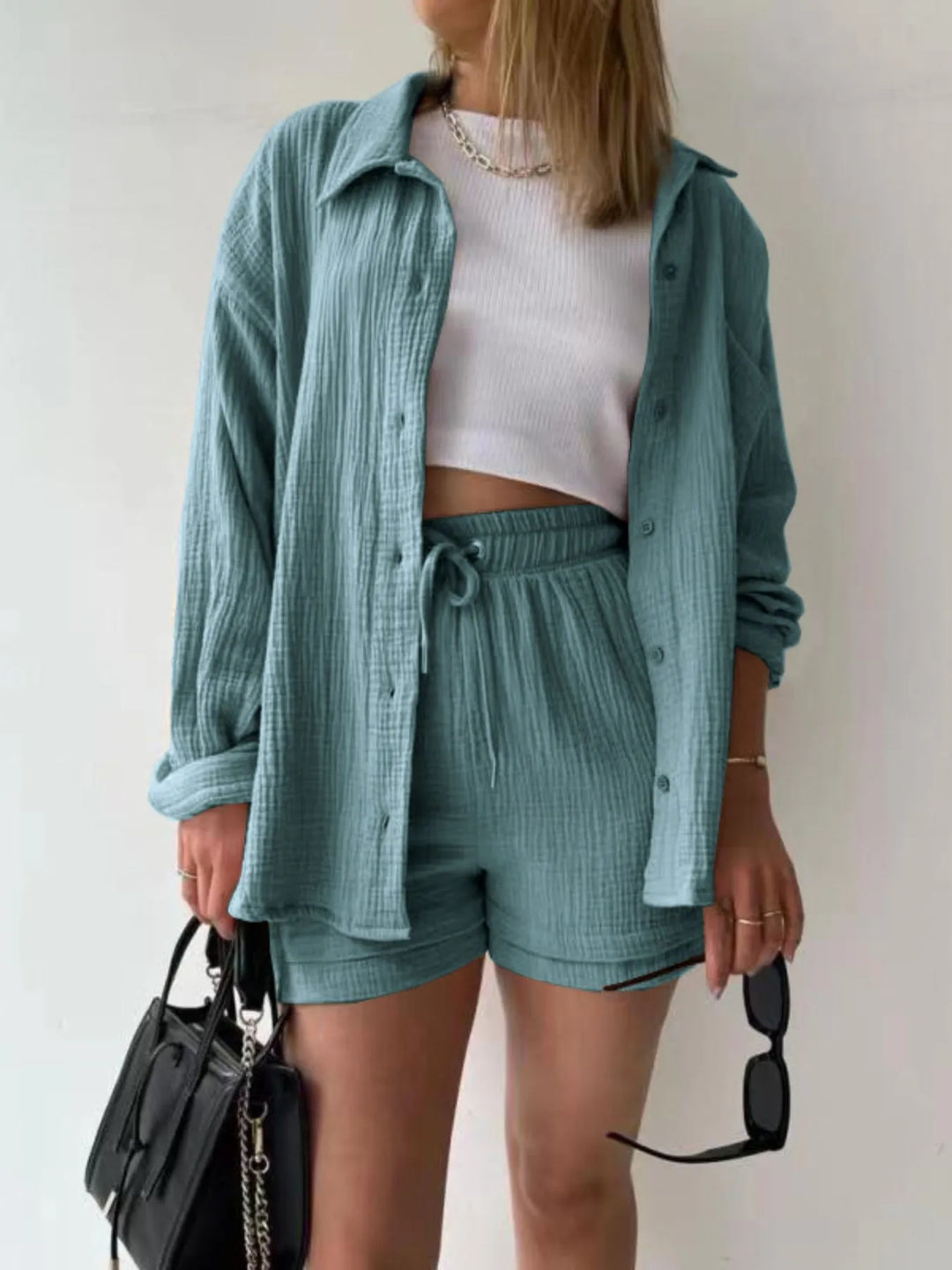 Textured Button Up Shirt and Shorts Set