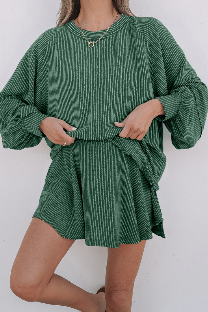 Mist Green Corded Lantern Sleeve Top High Waist Ruffled Mini Skirt Set