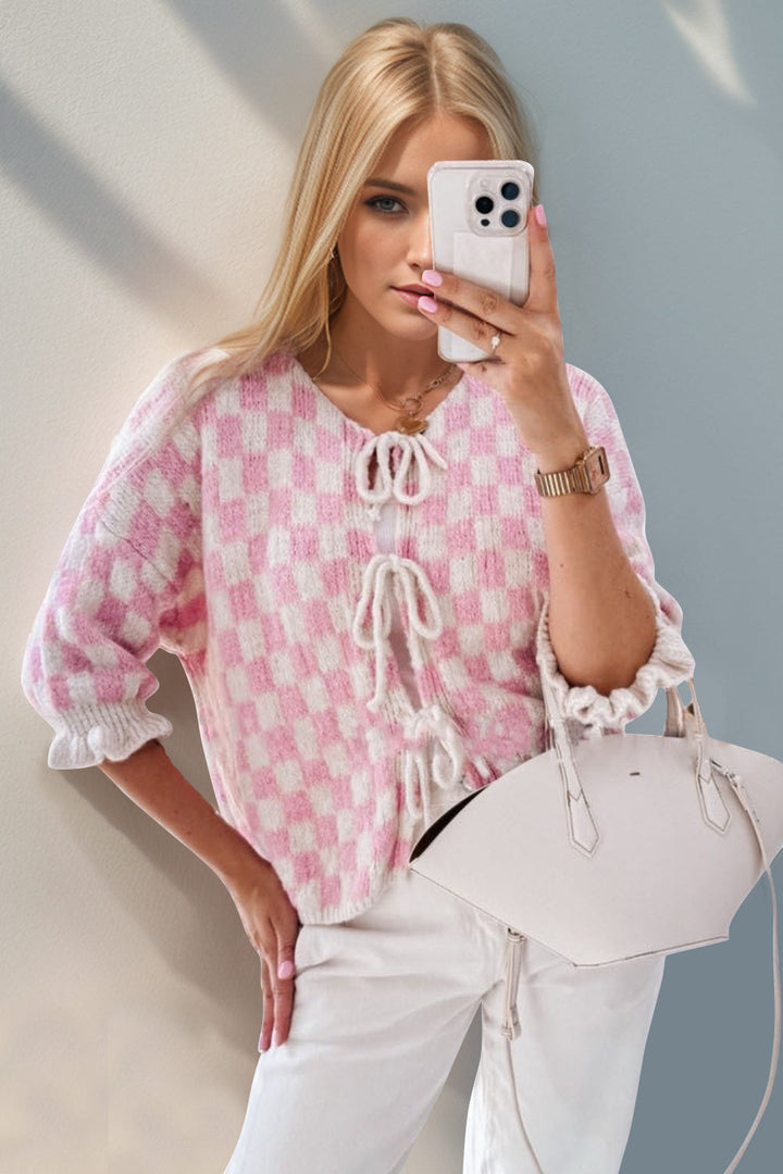 Back To School Sweater - Double Take Tied Checkered Dropped Shoulder Flounce Sleeve Cardigan