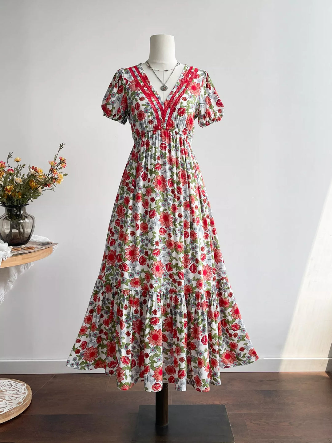 Floral Print V-Neck Ruffle Hem Midi Dress