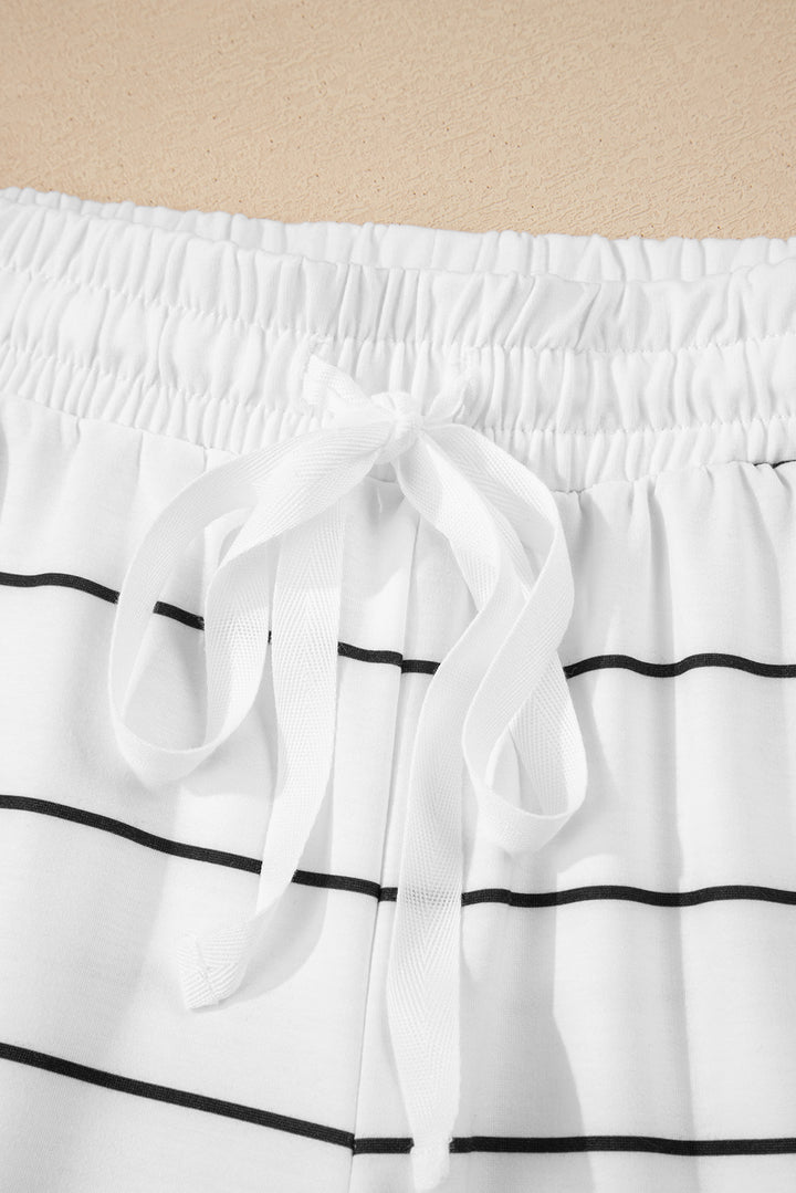 White Stripe Zip up Drop Shoulder Pullover and Short 2pcs Outfit