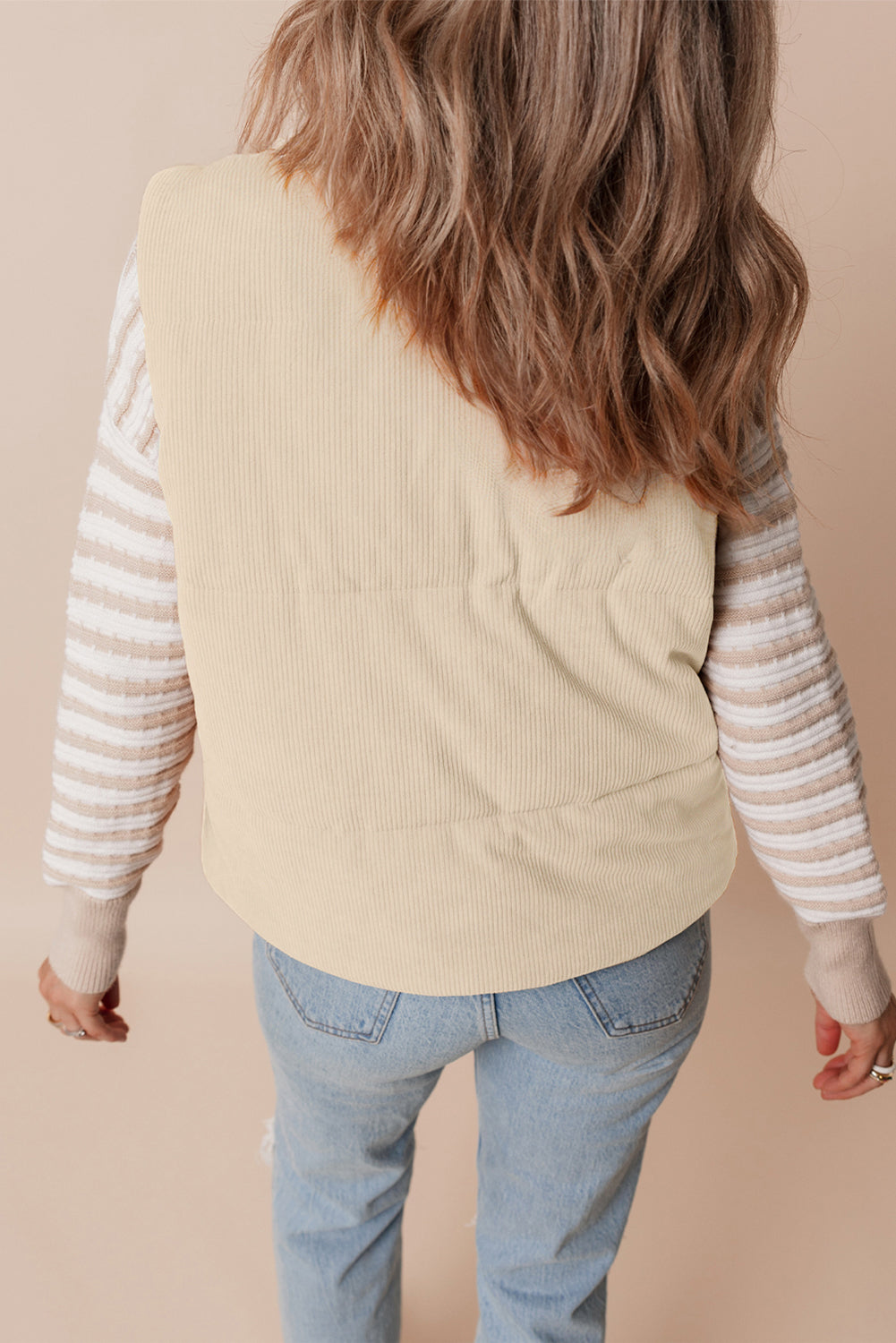 Beige Corduroy Stand Neck Zipped Puffer Vest