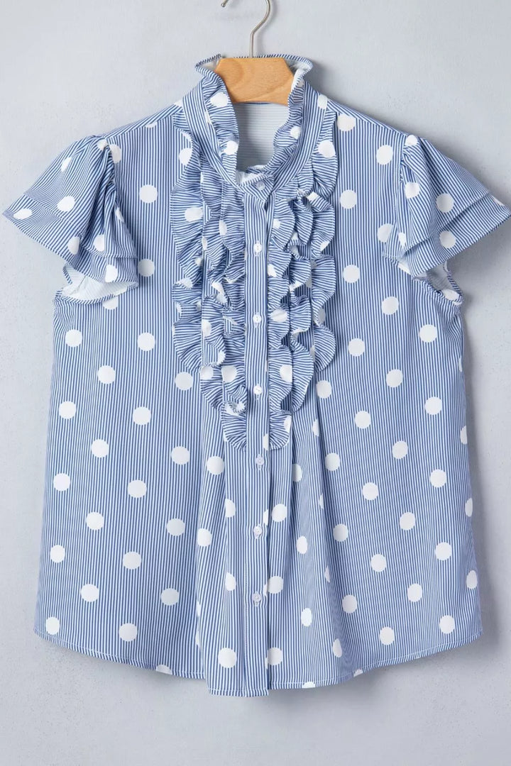 Stripe Contrast Polka Dot Print Pleated Ruffle Sleeve Shirt
