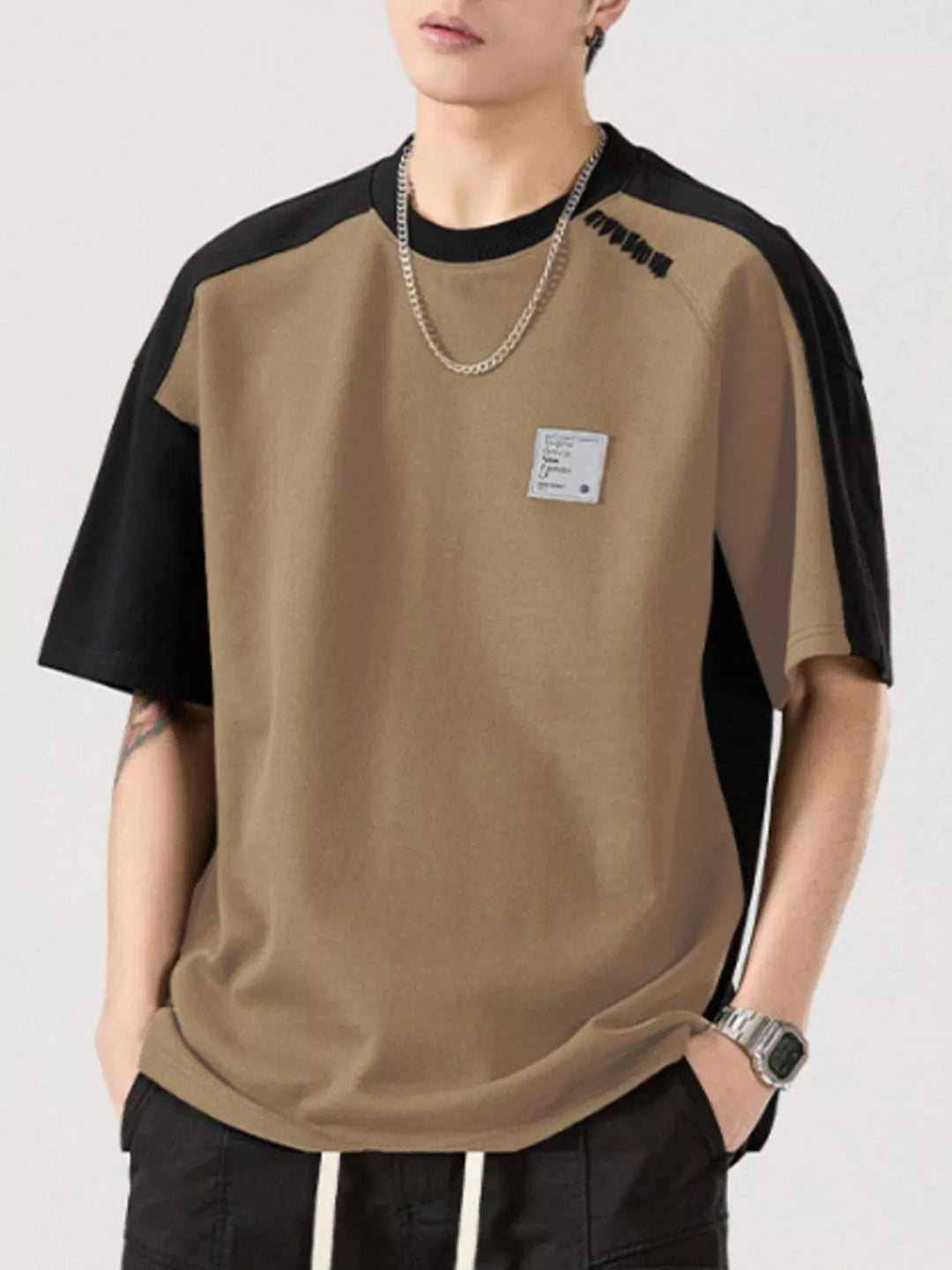 Men's Full Size Contrast Round Neck Short Sleeve T-Shirt Plus Size