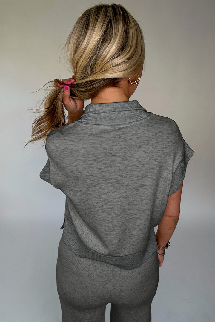Gray Half Zip Polo Tee Casual Pant Set