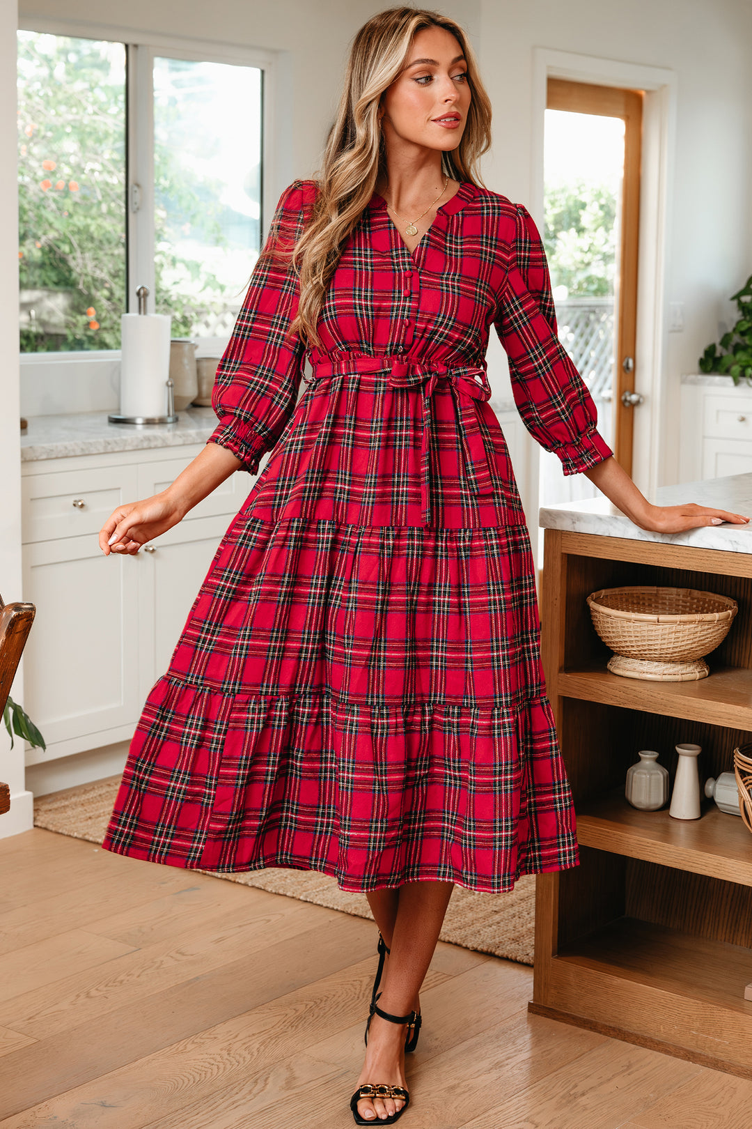 Red Christmas Plaid V Neck 3/4 Sleeve Tie Waist Ruffle Hem Long Dress
