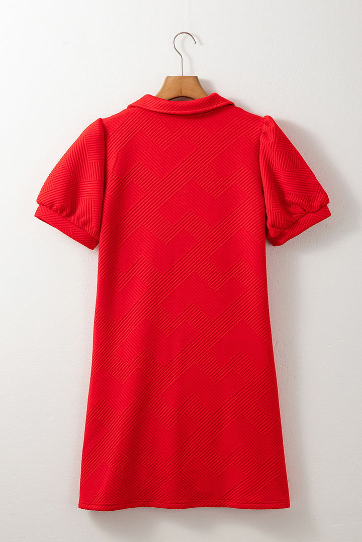 Fiery Red Textured Collared V Neck Puff Short Sleeve Shift Mini Dress