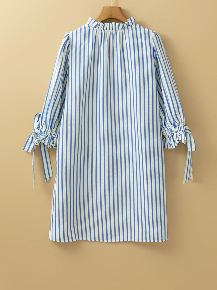 Stripe Knotted Sleeve Notched Shift Mini Dress