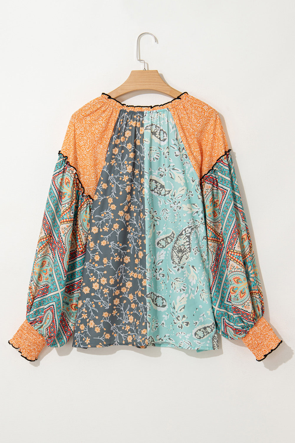Chemisier vert à manches lanternes et col en V boutonné, motif patchwork floral, grande taille