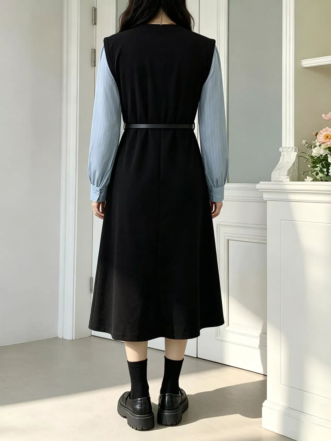 Contrast Sleeve A-Line Dress with Belt