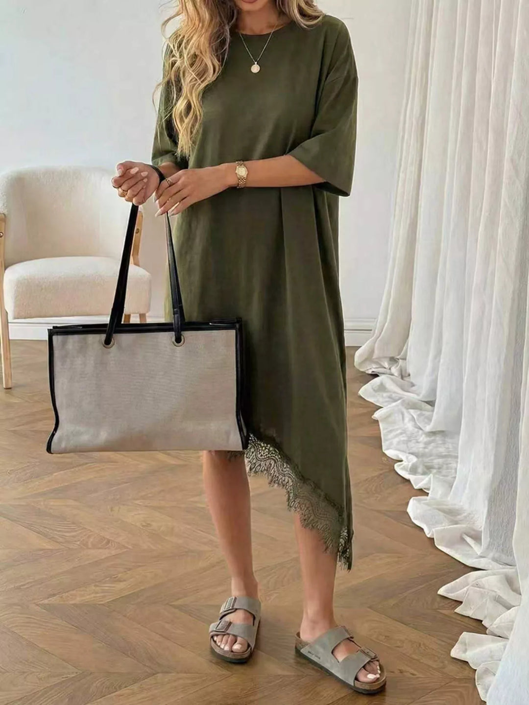 Lace Trim Asymmetrical Hem T-shirt Dress