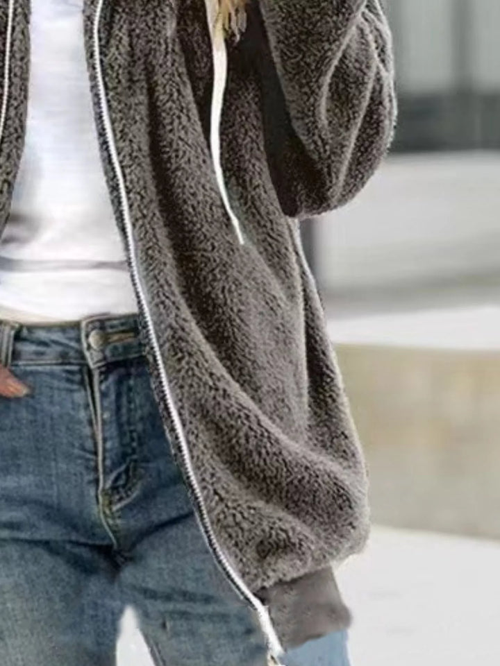 Full Size Cozy Fleece Zip-Up Hooded Jacket Plus Size