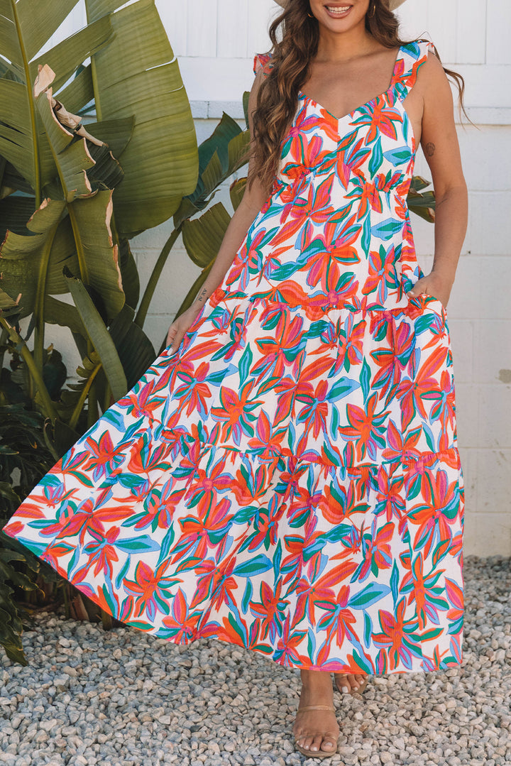 Red Boho Floral Ruffled Strap V Neck Maxi Dress