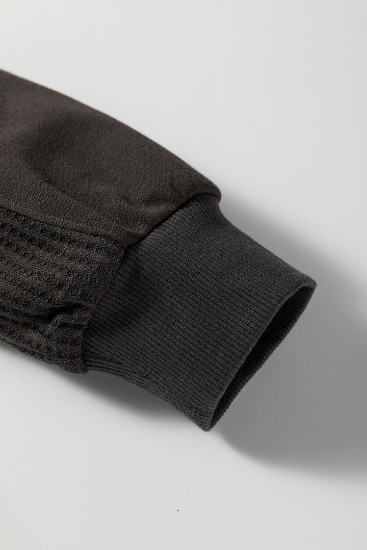 Carbon Grey Waffle Knit Patchwork Half Zipped Casual Sweatshirt