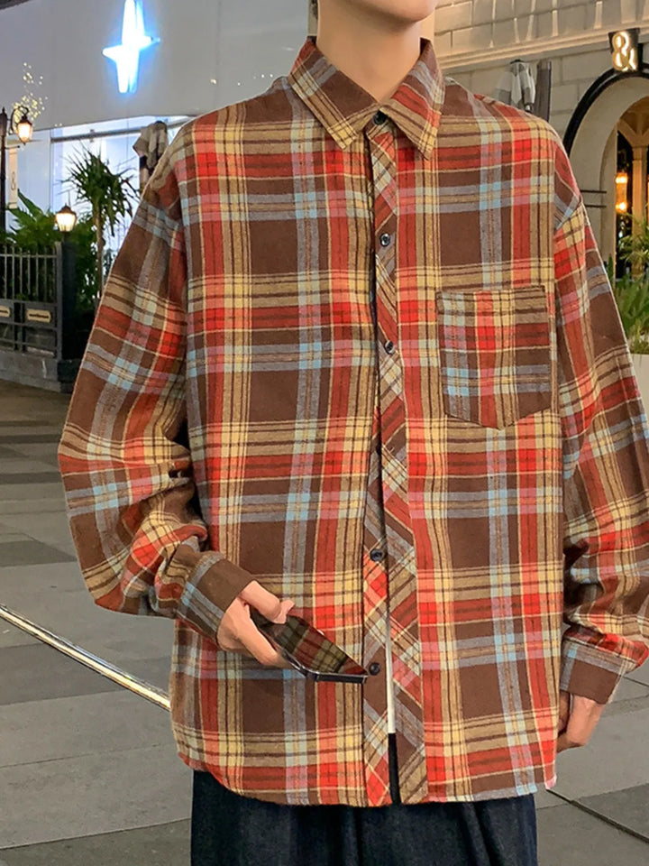 Men's Full Size Casual Plaid Long Sleeve Shirt Plus Size