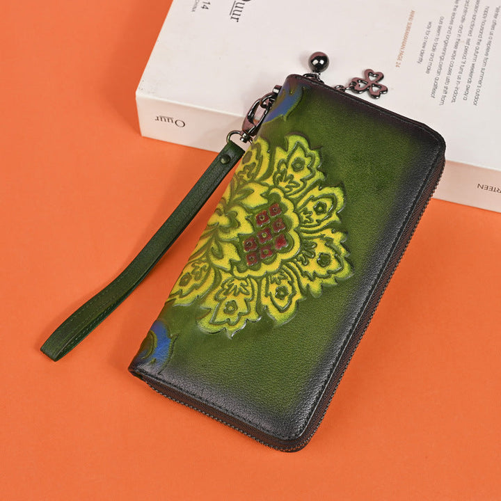 Genuine Leather Long Wallet Fashionable Zipper Clutch Bag Printed Hand-Painted Handbag