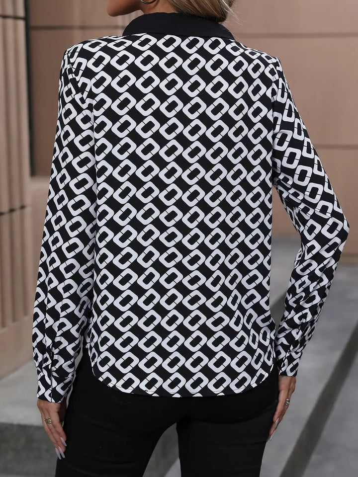 Perfee Printed Collared Neck Long Sleeve Shirt
