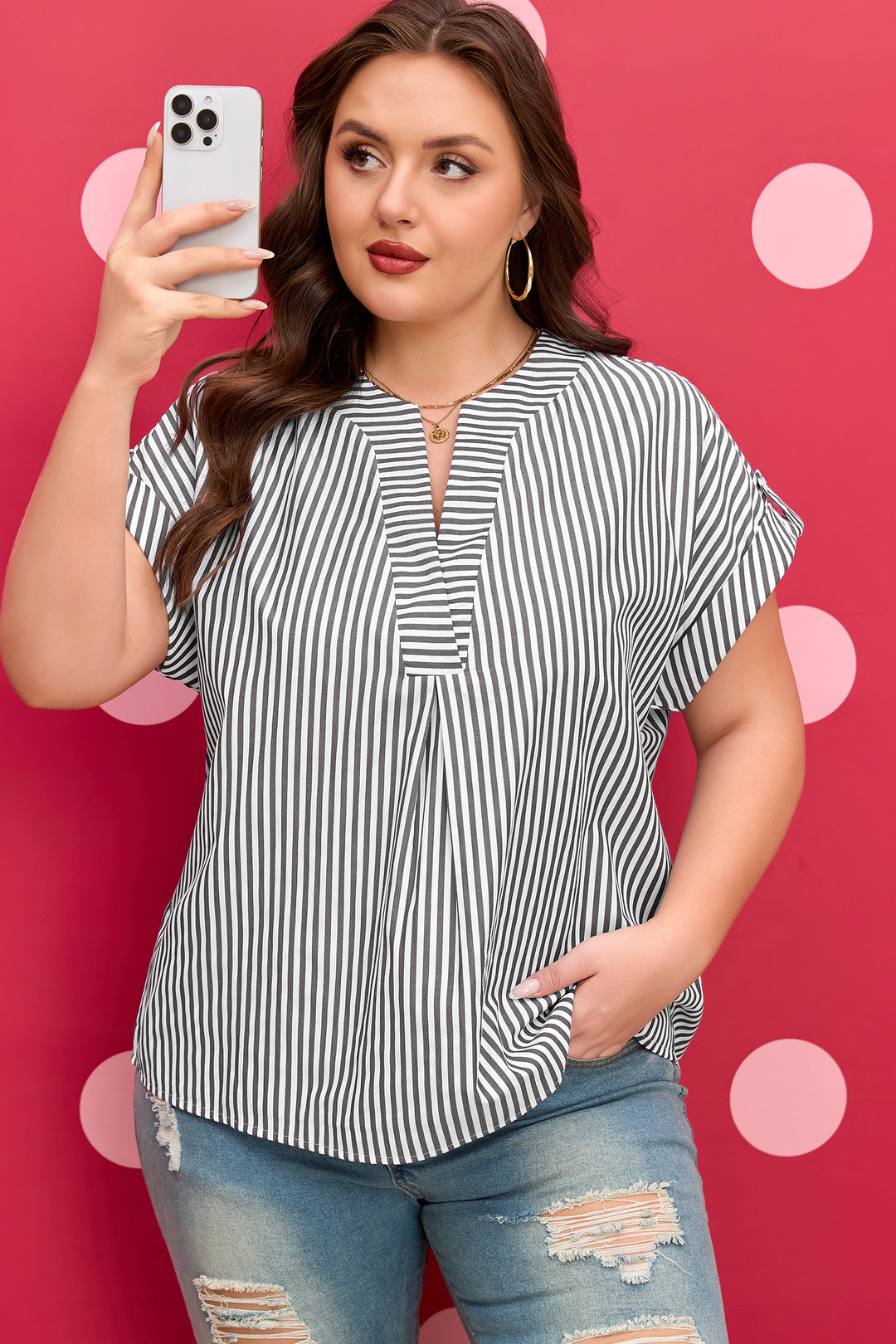 Black Stripe Plus Size V Neck Roll-tab Short Dolman Sleeve Blouse
