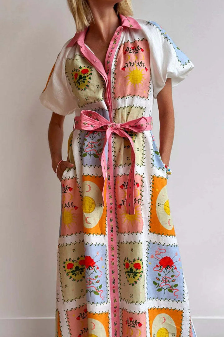 Printed Short Sleeve Belted Maxi Dress
