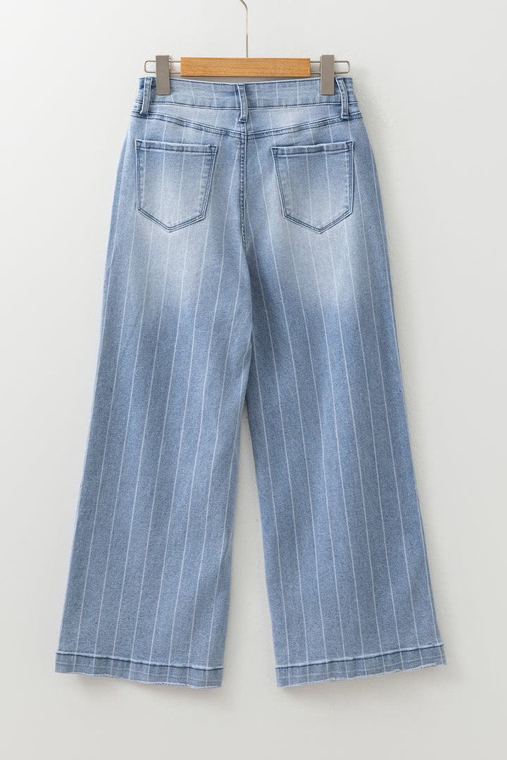 Beau Blue Multi Buttons Pinstripe Wide Leg Jeans