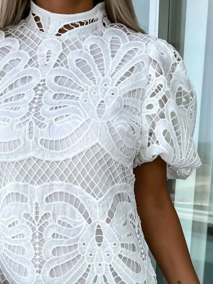 Lace Mock Neck Puff Sleeve Dress