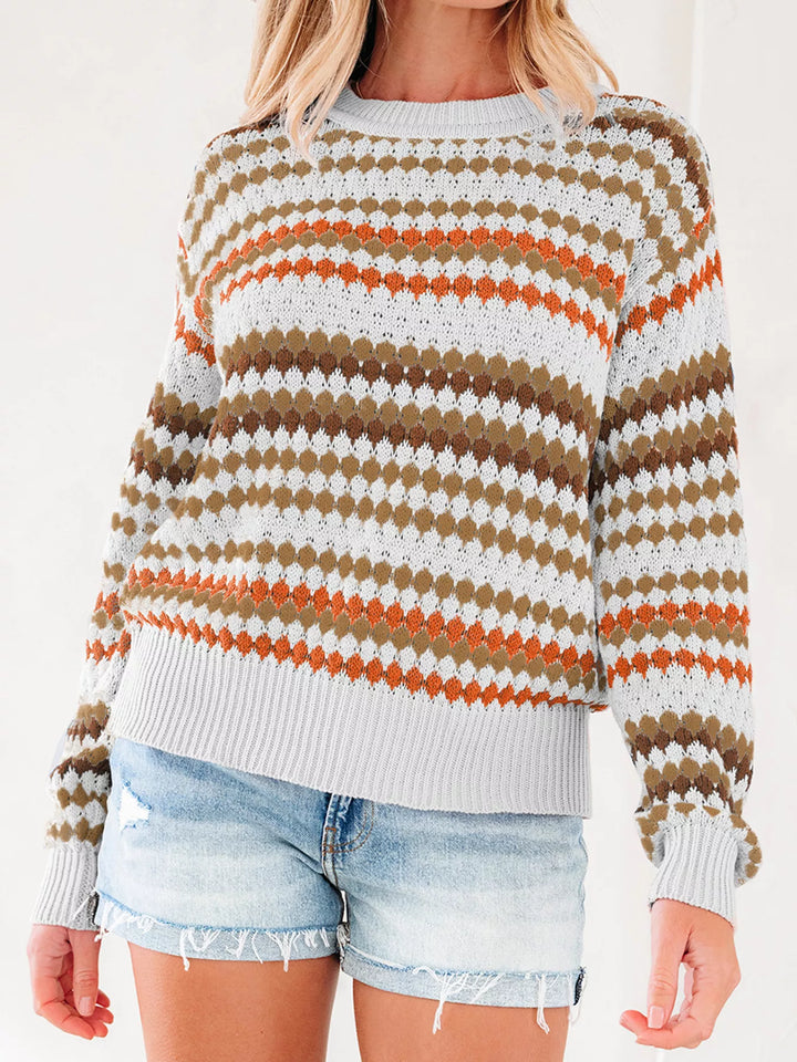 Stripe Eyelet Patterned Drop Shoulder Sweater
