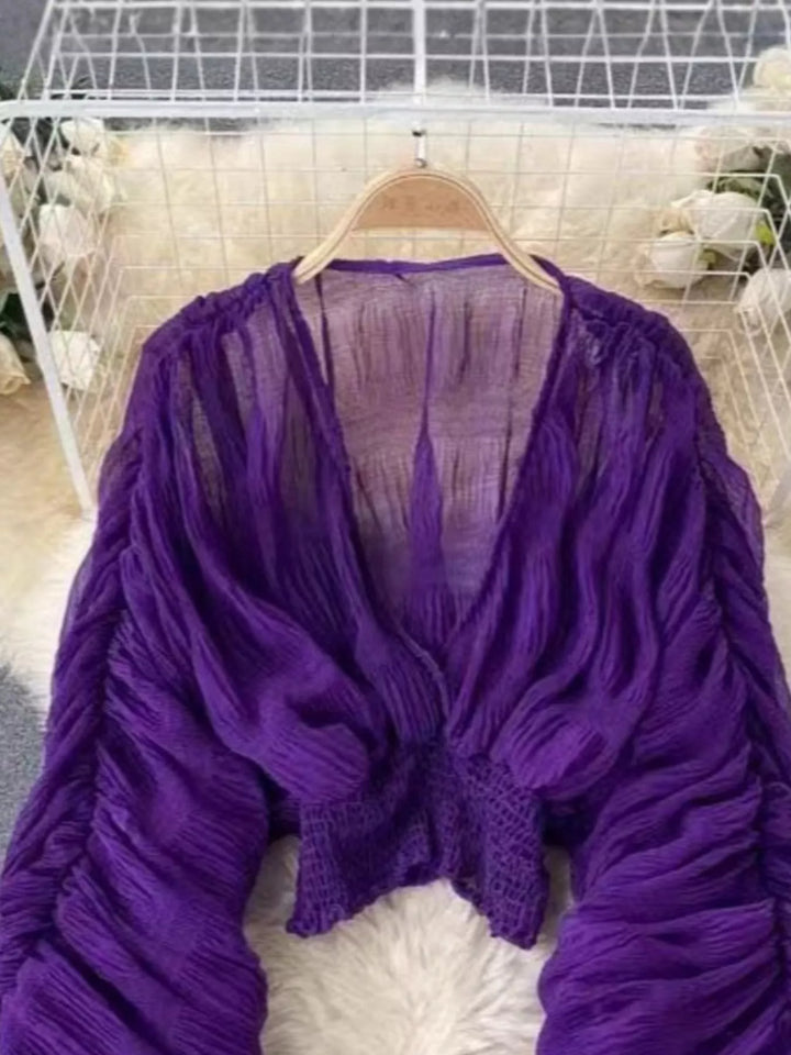 Smocked Ruched Long Sleeve Blouse