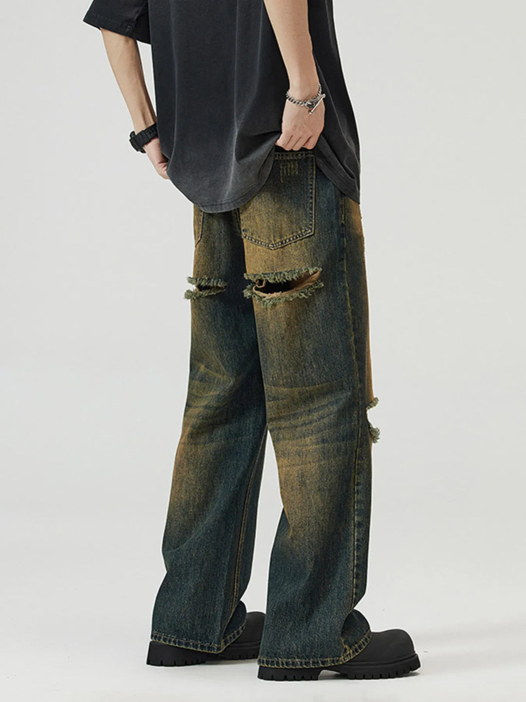 Men's Full Size Washed Distressed Wide Leg Jeans Plus Size