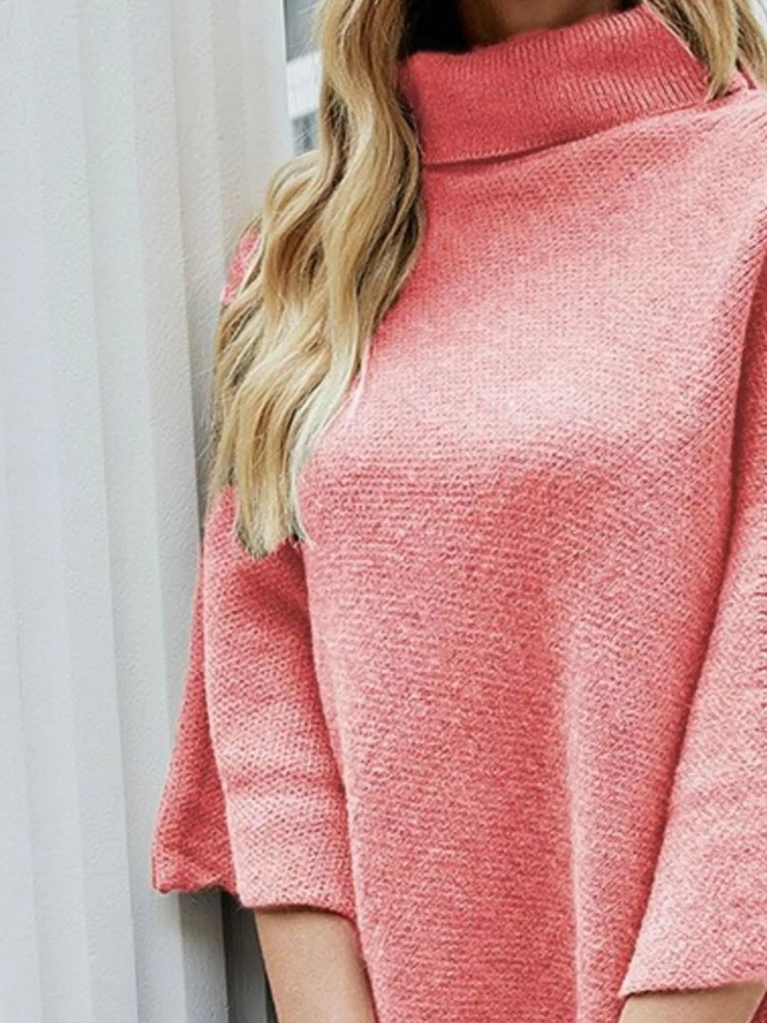 Button-Decor Turtleneck Poncho Pullover