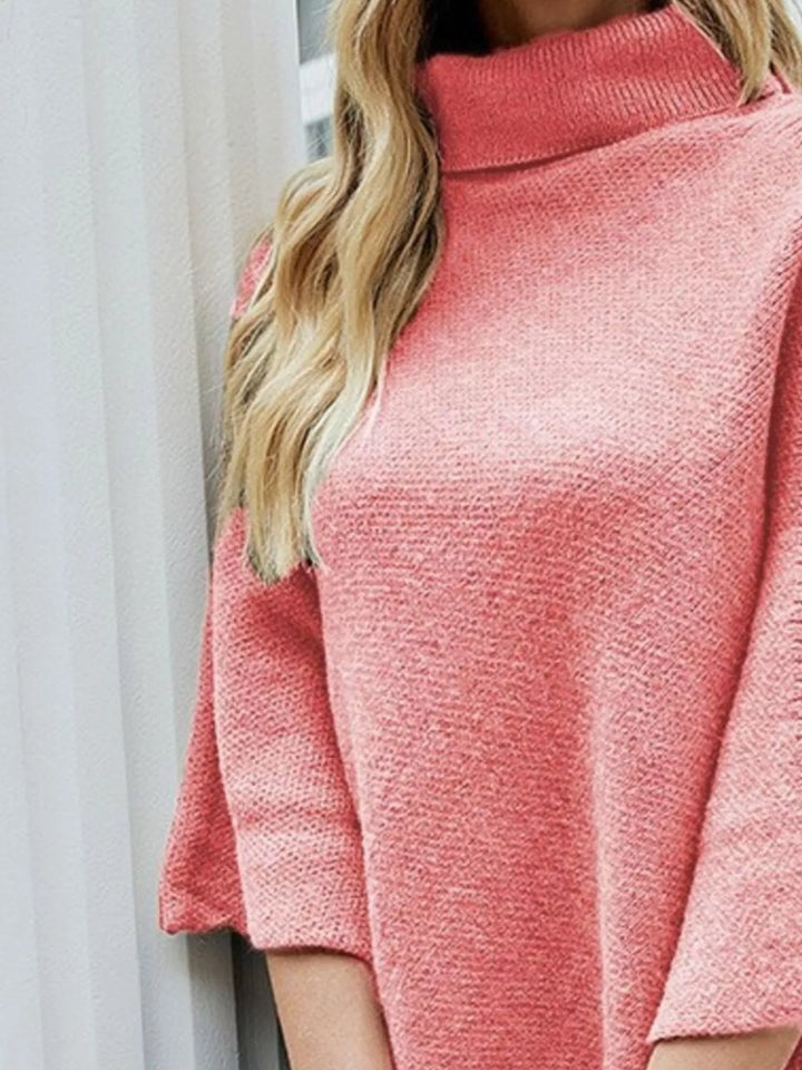 Button-Decor Turtleneck Poncho Pullover