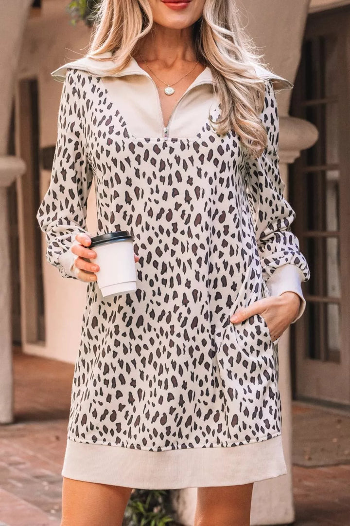 Leopard Print Zip up Collar Patchwork Shift Mini Dress