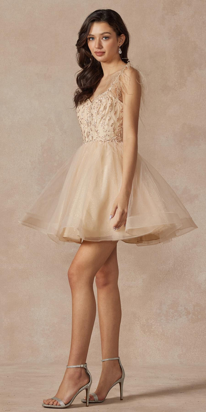 Juliet 881 Feather Straps Sheer Bodice Short A-line Tulle Dress