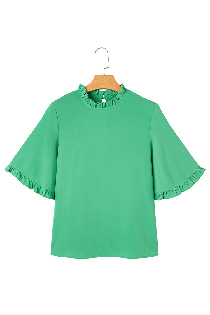 Green Frilly Round Neck Wide Half Sleeve Blouse
