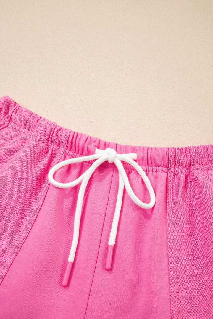 Bonbon V Neck Drop Shoulder Tee and Patchwork Drawstring Shorts Set