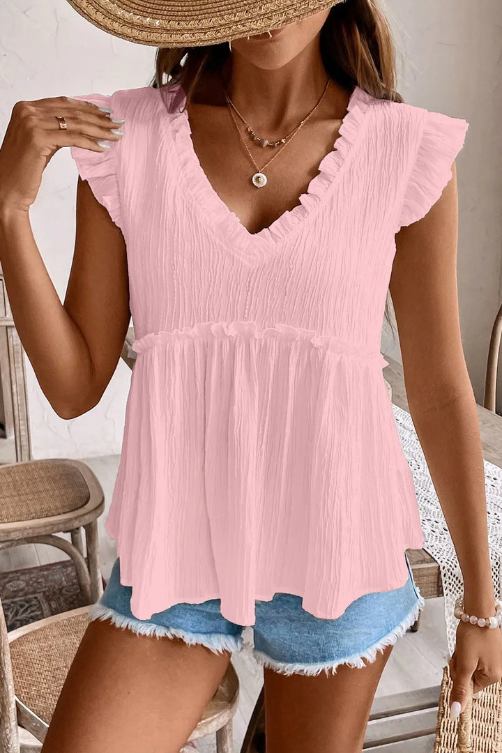 Ruffled Trim V Neck Flutter Flowy Top