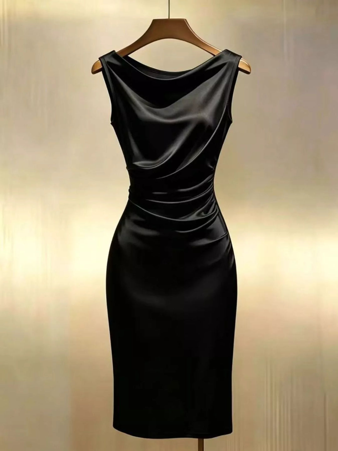 Satin Cowl Neck Ruched Sleeveless Dress
