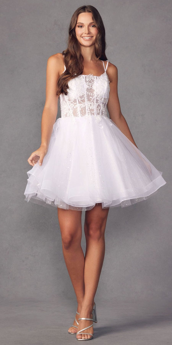 Juliet 883 Short A-Line Glitter Tulle Skirt Square Neck Thin Strap Dress