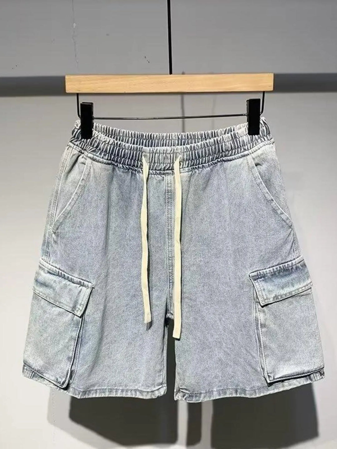 Men's Full Size Elastic Waist Washed Denim Cargo Shorts Plus Size