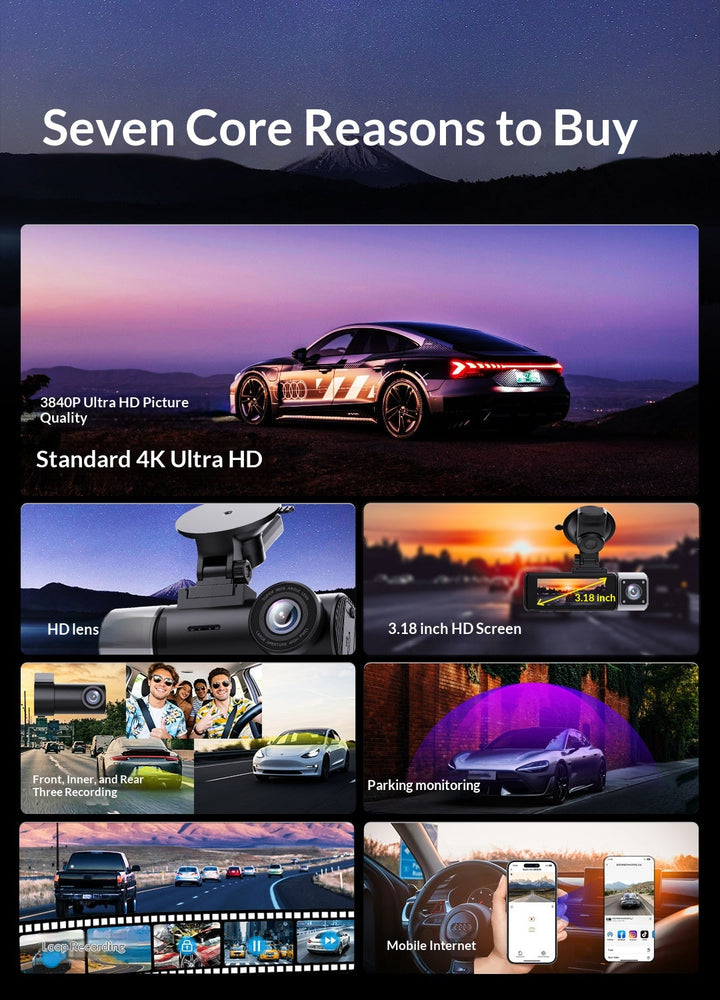 High-definition 3-in-1 4K Dash Camera With Rear And Front Recording Capabilities