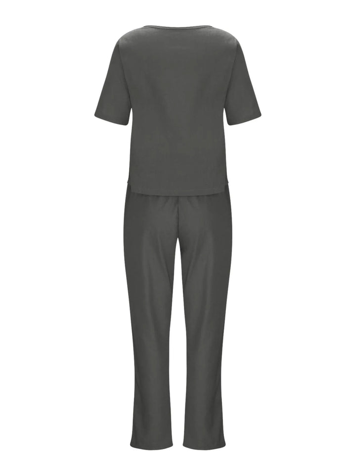 Full Size Round Neck Short Sleeve Top and Pants Set Plus Size