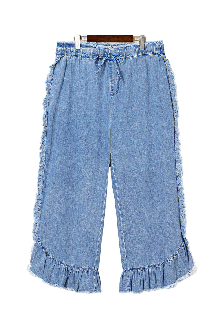 Blue Plus Size Lace up Waist Ruffled Trim Ankle Length Jeans