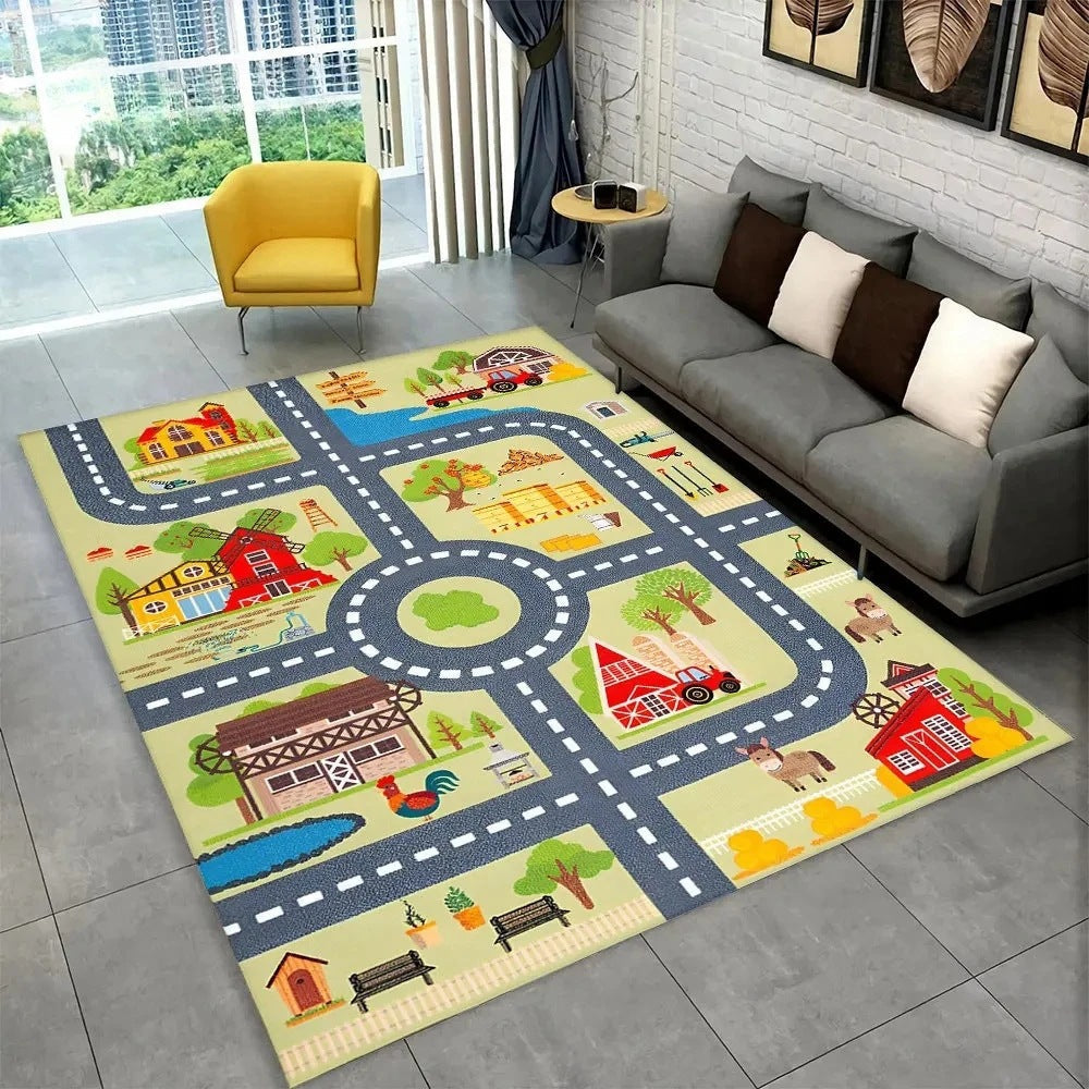 Fun Racing Track Flannel Floor Mat Non-Slip Home Decor Rug For Kids Rooms And Play Areas