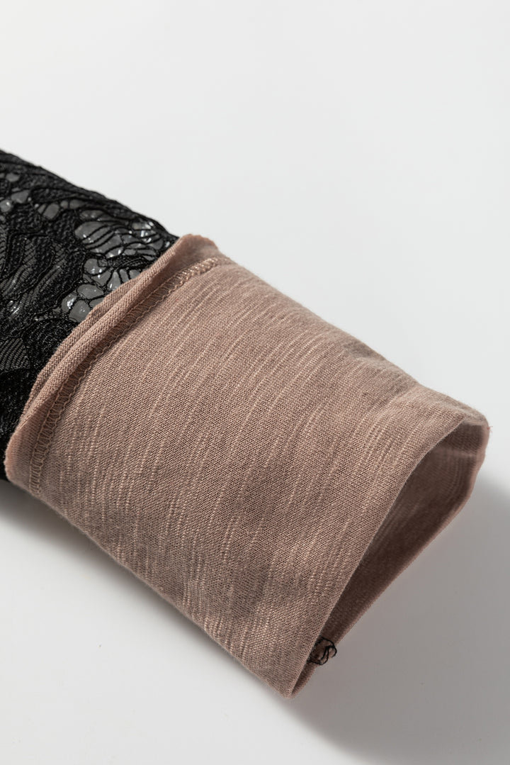 Light French Beige Sheer Lace Patchwork Casual Long Sleeve Tee