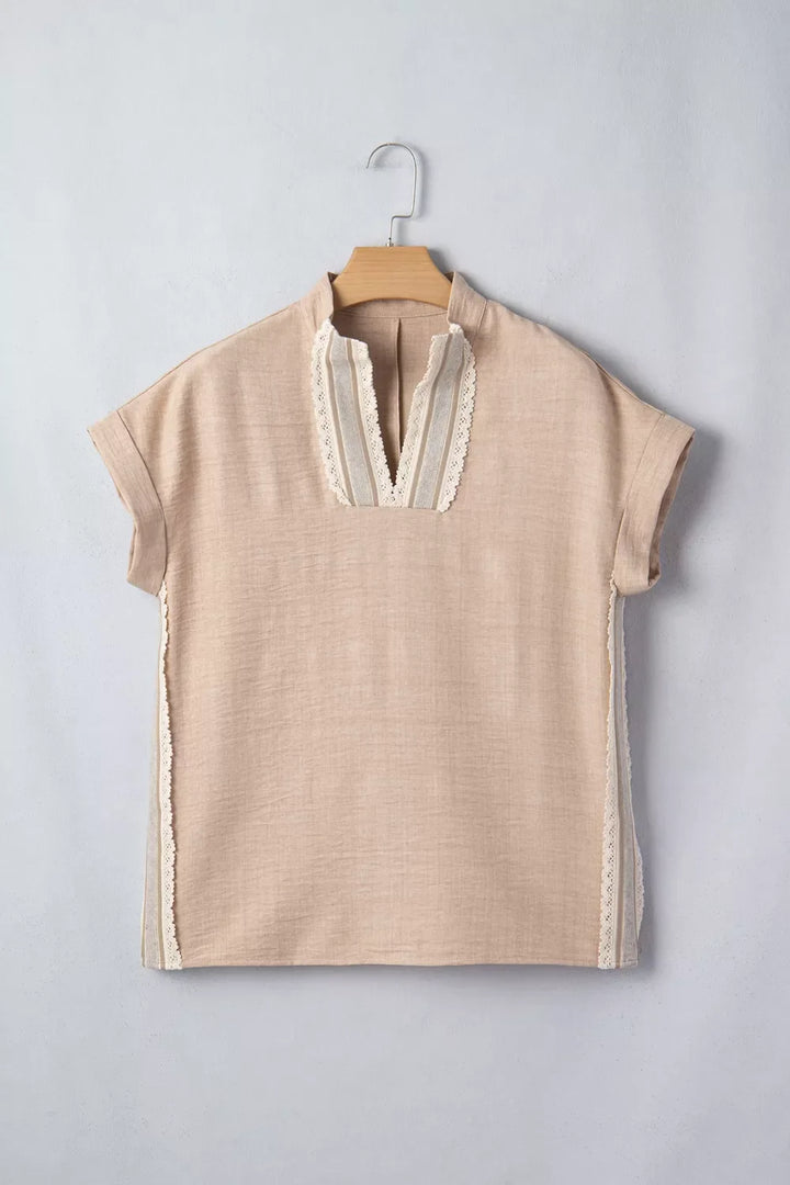 Crochet Lace Accent Pullover Rolled Short Sleeve Blouse